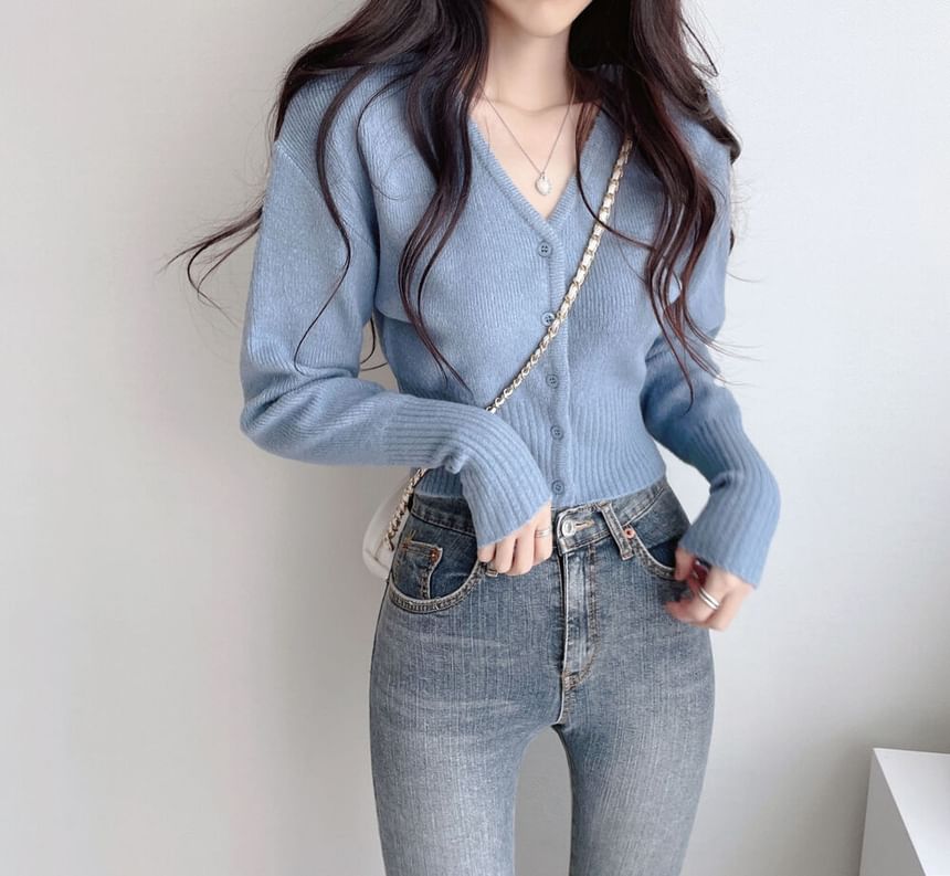 V-Neck Button-Up Plain Crop Cardigan