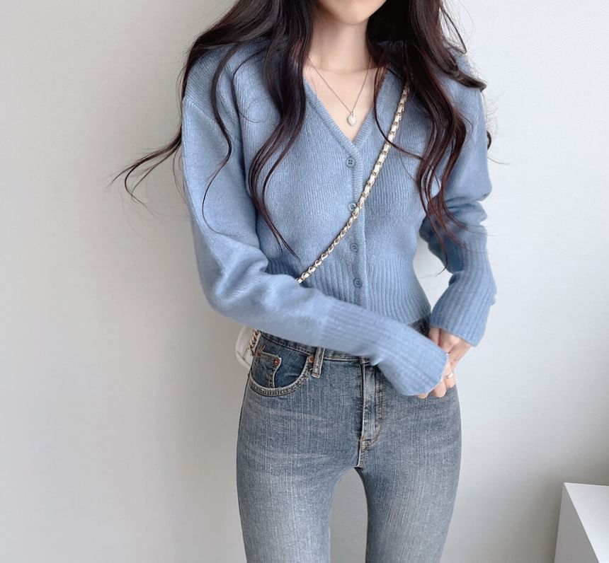 V-Neck Button-Up Plain Crop Cardigan