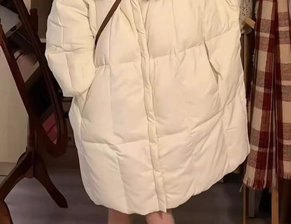 Stand Collar Plain Zip-Up Long Puffer Coat