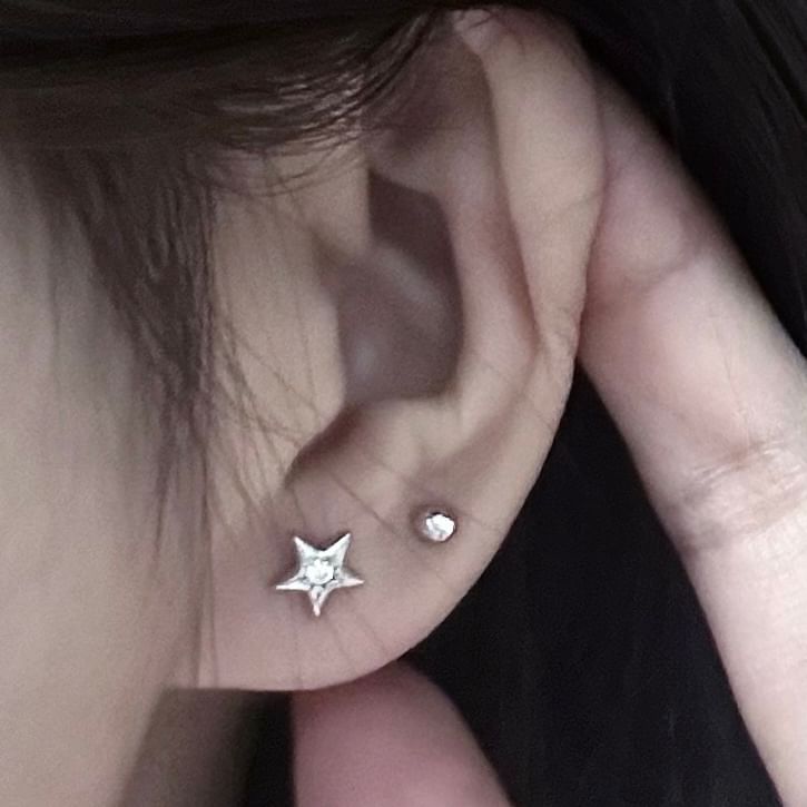 Rhinestone Star Silver Asymmetrical Earring S999 Stud Moon