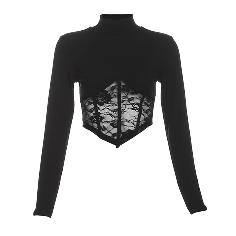 Mock Neck Asymmetrical Lace Crop Top and Ruched Fishtail Skirt