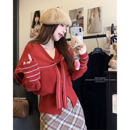 V-Neck Striped Button-Up Cardigan & Contrast Trim Knit Shawl Set