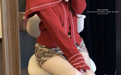 V-Neck Striped Button-Up Cardigan & Contrast Trim Knit Shawl Set