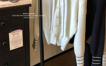 V-Neck Striped Button-Up Cardigan & Contrast Trim Knit Shawl Set