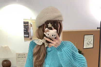 Chunky Knit Button-Up Crop Crew Neck Cardigan