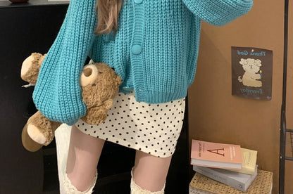 Chunky Knit Button-Up Crop Crew Neck Cardigan