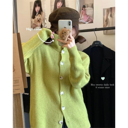 Stand Collar Plain Button-Up Cardigan