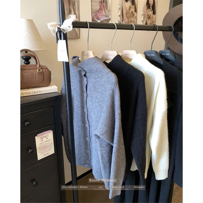 Stand Collar Plain Button-Up Cardigan