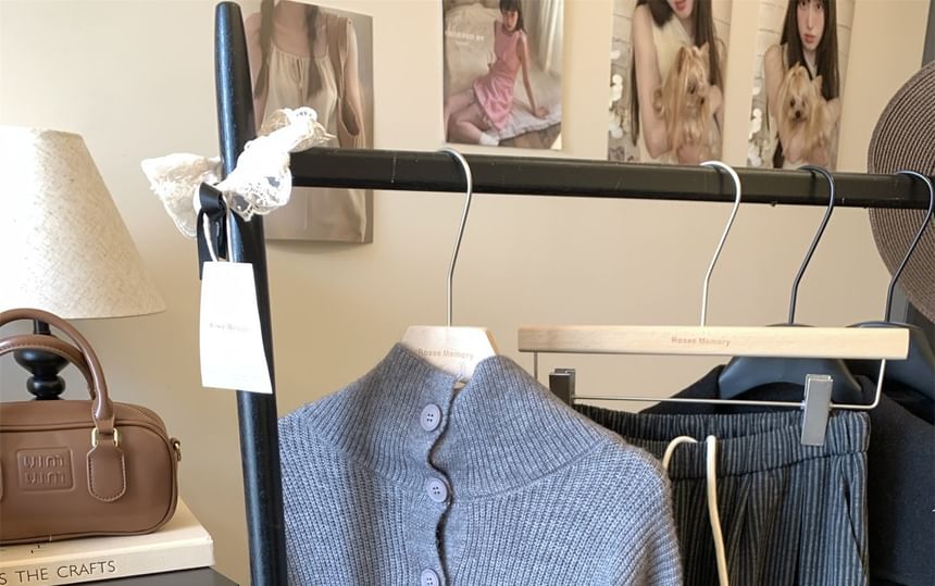 Stand Collar Plain Button-Up Cardigan