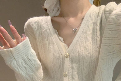 V-Neck Cable Knit Button-Up Crop Cardigan