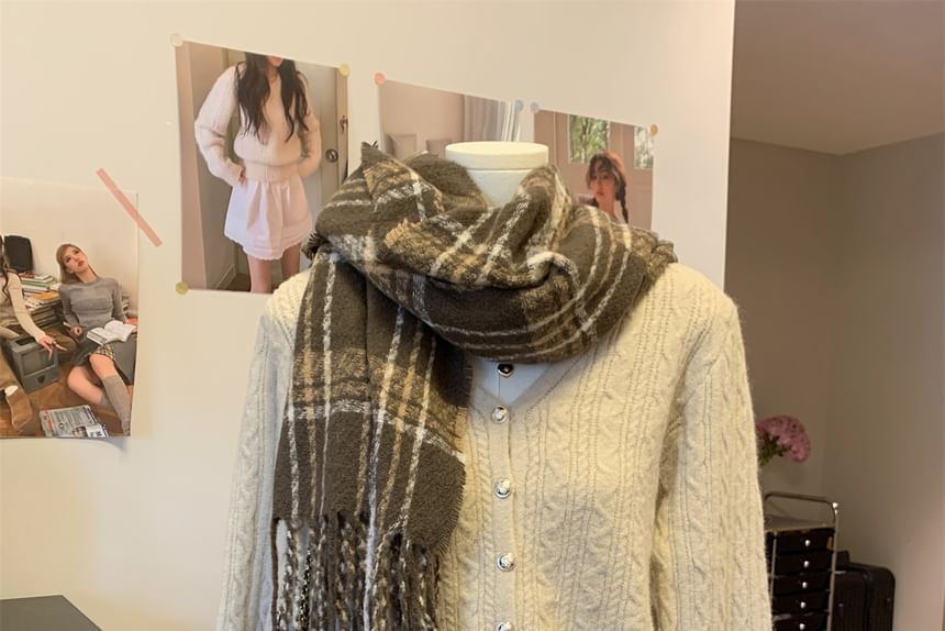 V-Neck Cable Knit Button-Up Crop Cardigan