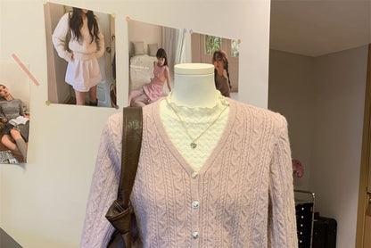 V-Neck Cable Knit Button-Up Crop Cardigan