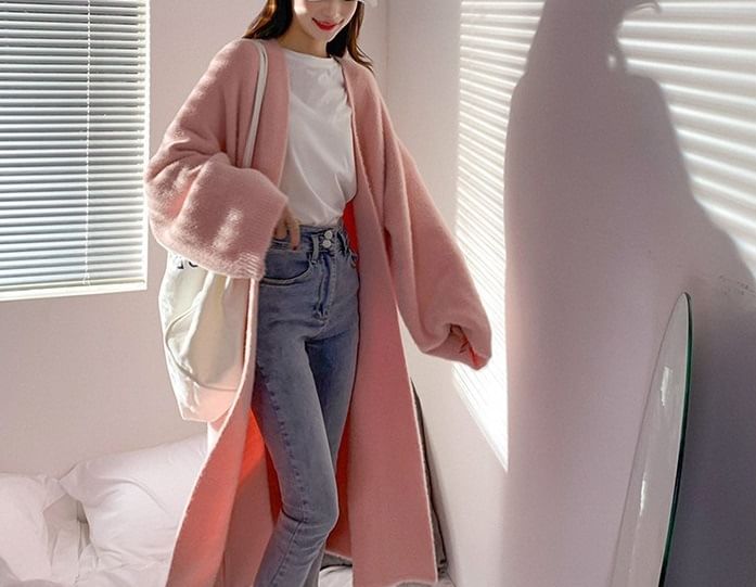 Plain Open Front Long Cardigan