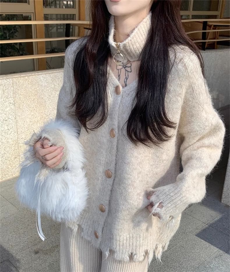 V-Neck Distressed Button-Up Cardigan & Choker Set