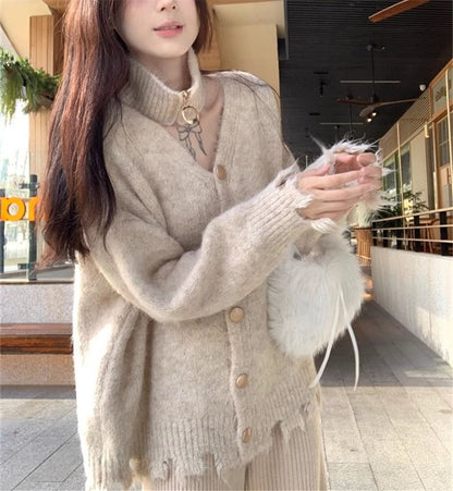 V-Neck Distressed Button-Up Cardigan & Choker Set