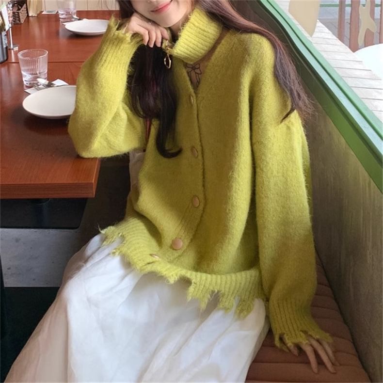 V-Neck Distressed Button-Up Cardigan & Choker Set