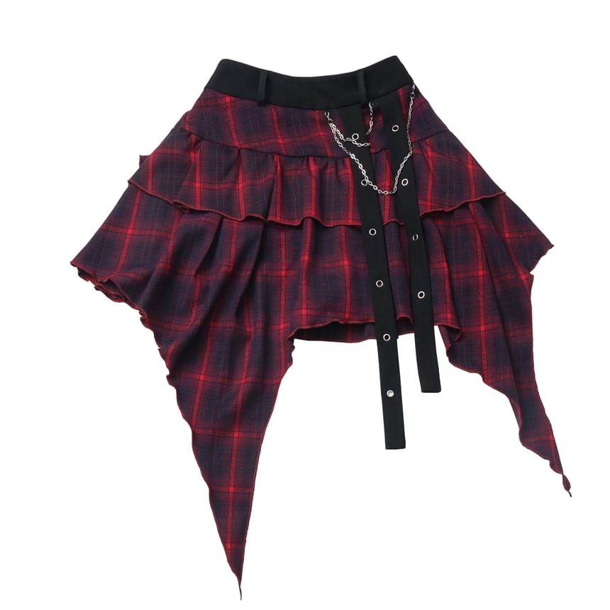 Asymmetric Ruffle Plaid Mini Skirt with High Rise