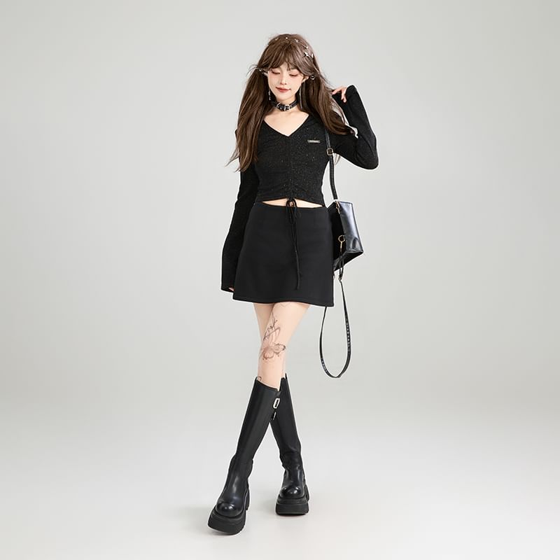 Plain Mini A-Line Skirt with High Waist