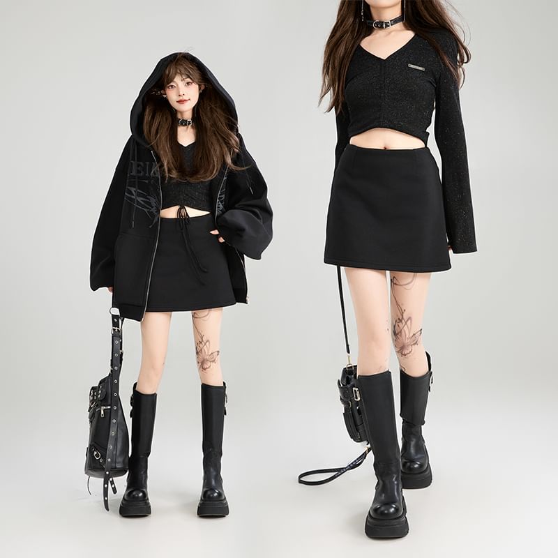 Plain Mini A-Line Skirt with High Waist