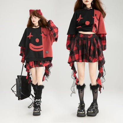 Asymmetric Plaid Mini Skirt with High Waist