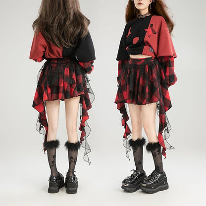 Asymmetric Plaid Mini Skirt with High Waist