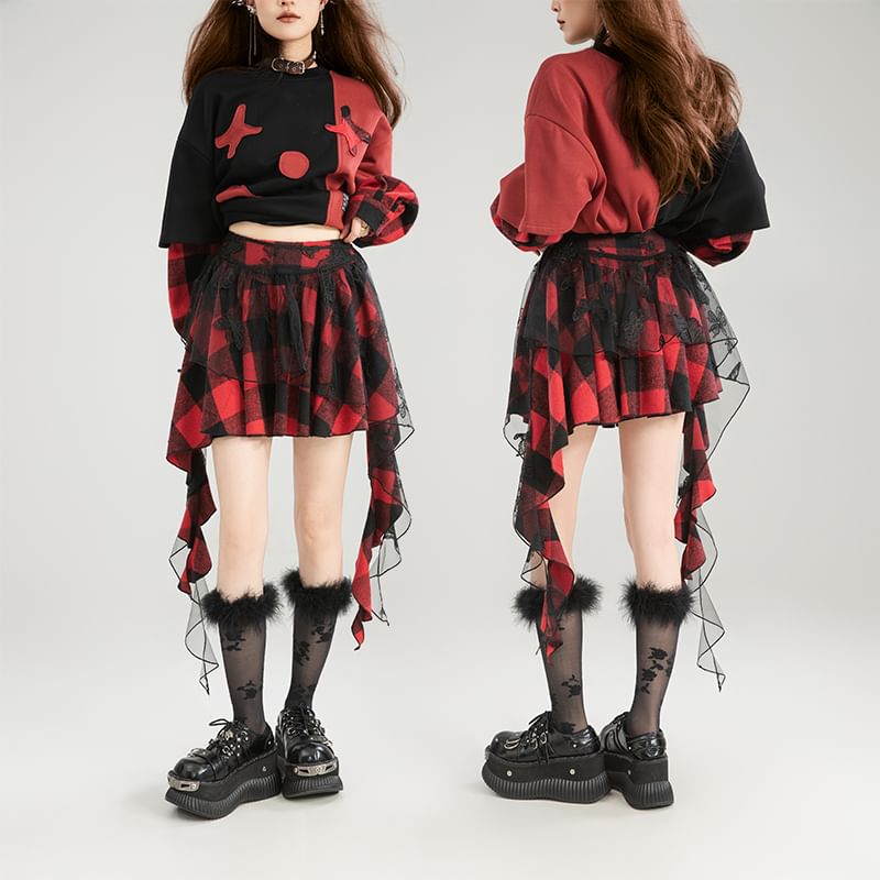 Asymmetric Plaid Mini Skirt with High Waist
