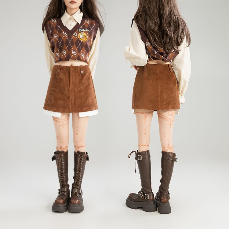 Corduroy Mini A-Line Skirt with Mid Waist