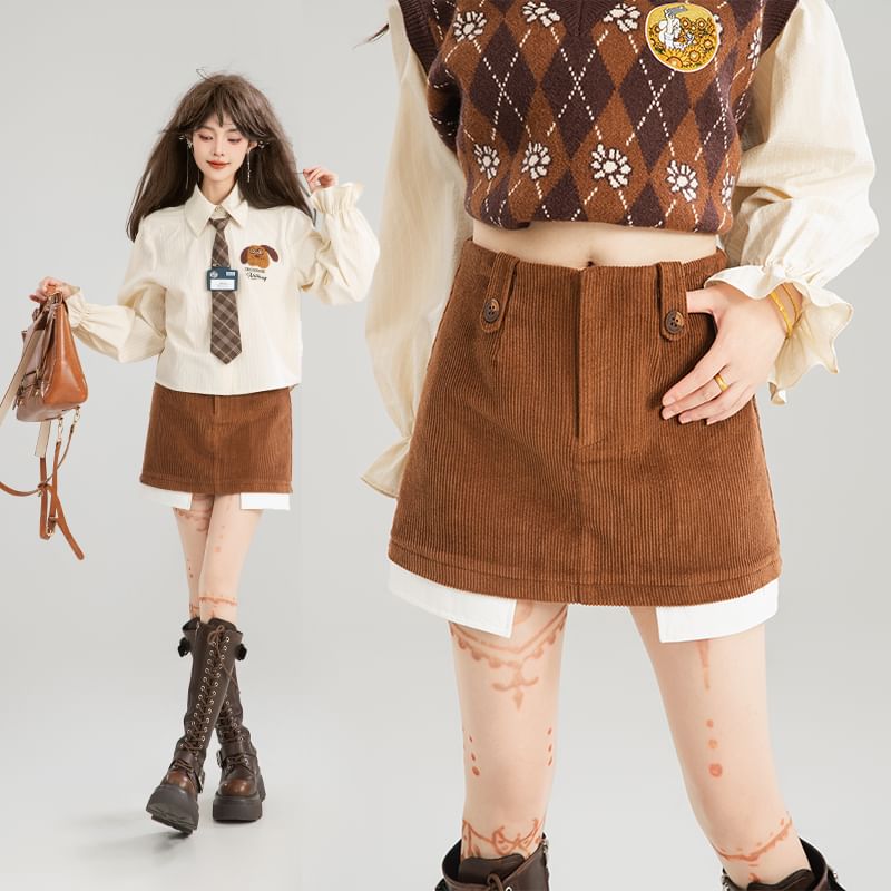 Corduroy Mini A-Line Skirt with Mid Waist