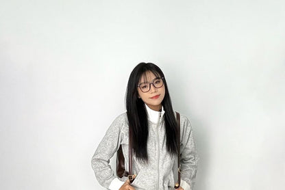 Stand Collar Jacket and Pleated Mini Skirt Set with Zip