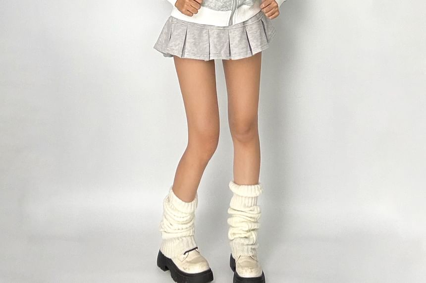 Stand Collar Jacket and Pleated Mini Skirt Set with Zip