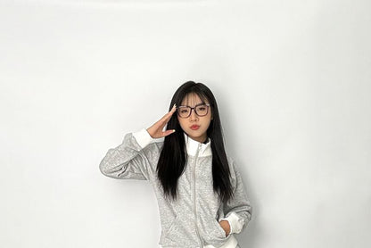 Stand Collar Jacket and Pleated Mini Skirt Set with Zip