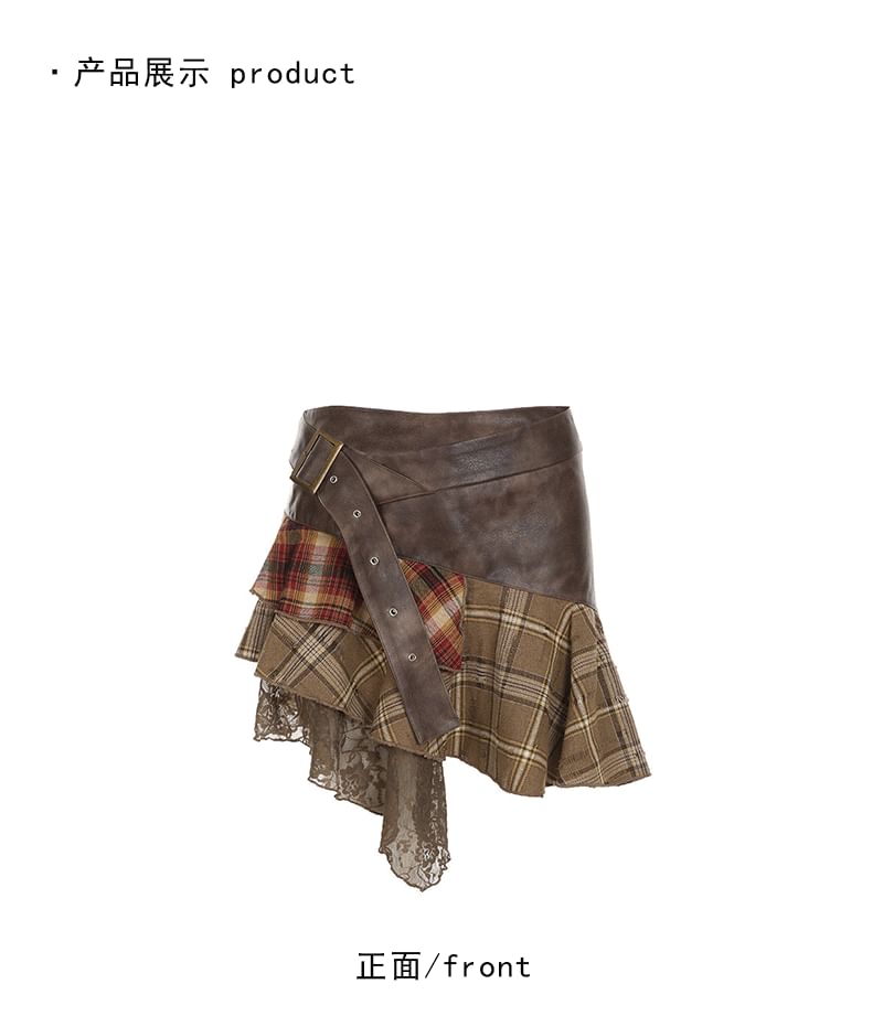 Faux Leather Plaid Mini Skirt with Buckled Lace Panel