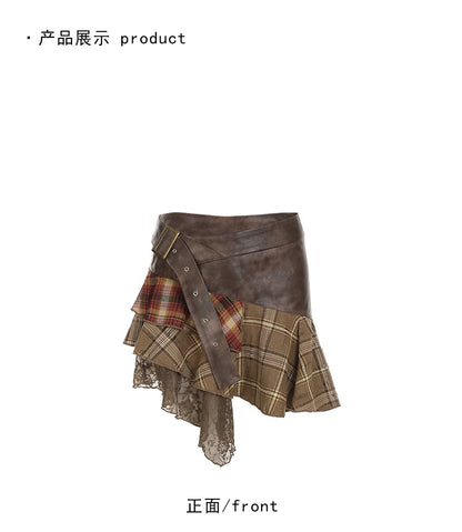 Faux Leather Plaid Mini Skirt with Buckled Lace Panel