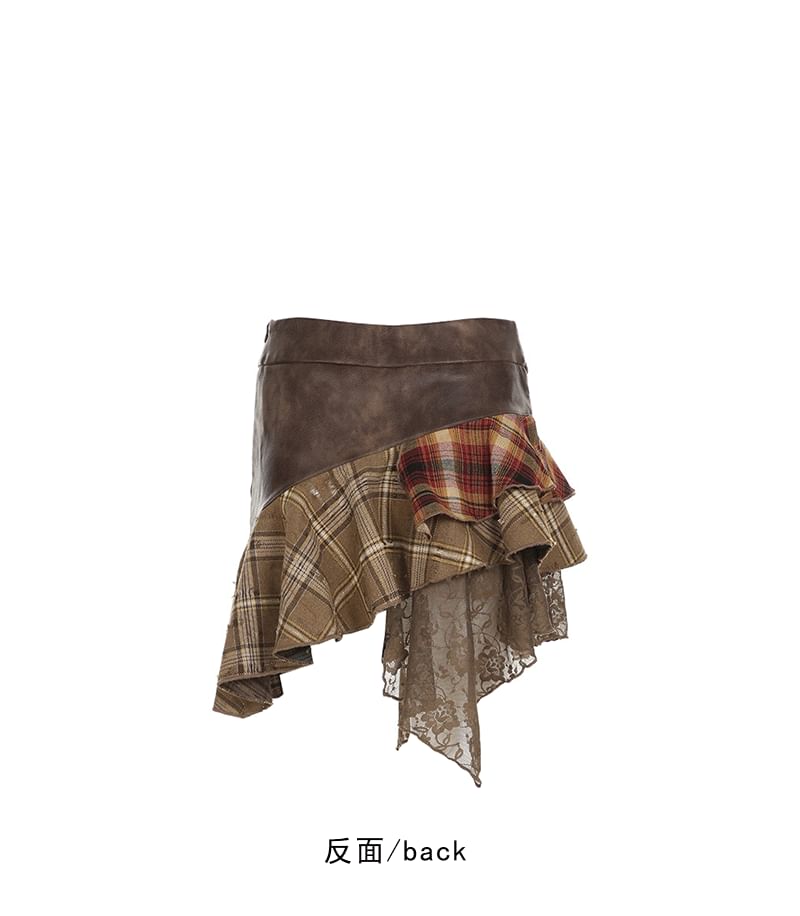 Faux Leather Plaid Mini Skirt with Buckled Lace Panel