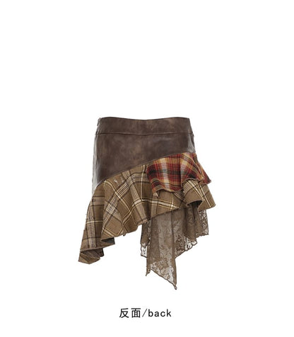 Faux Leather Plaid Mini Skirt with Buckled Lace Panel