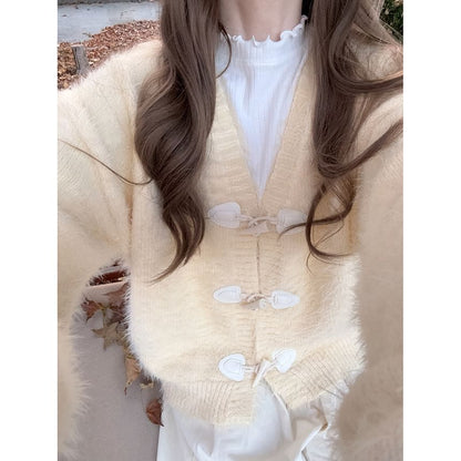 V-Neck Fluffy Toggle Button Cardigan