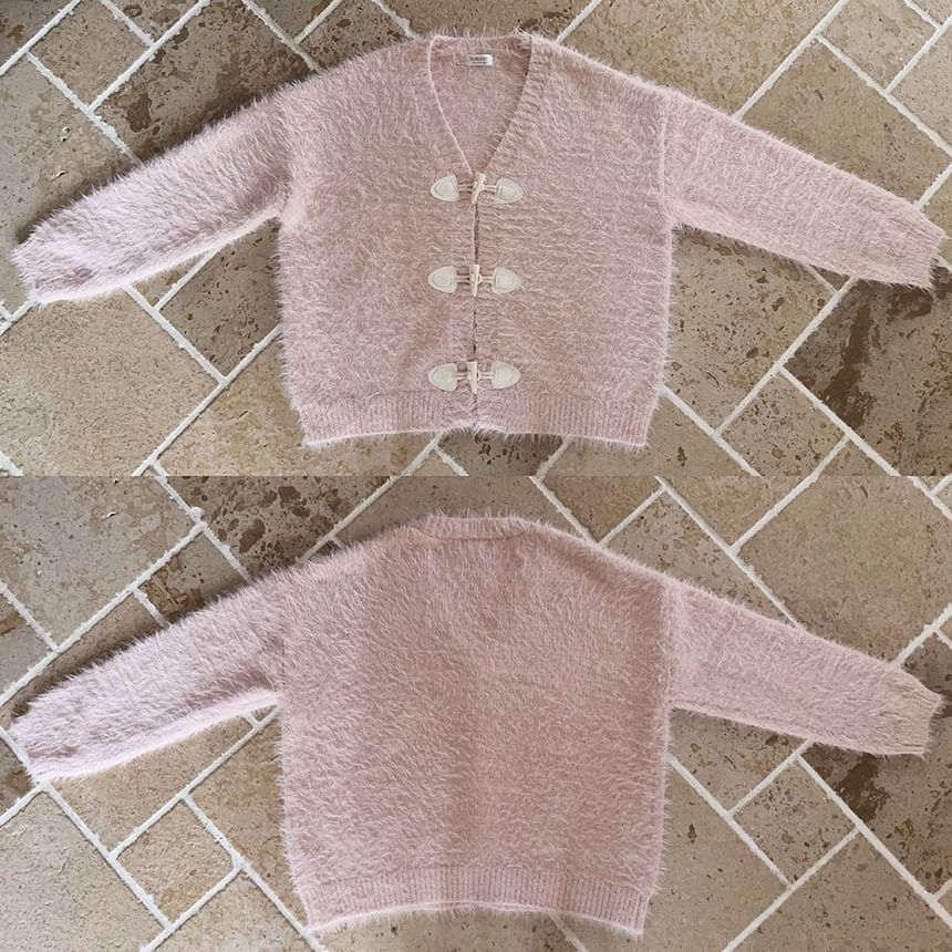 V-Neck Fluffy Toggle Button Cardigan