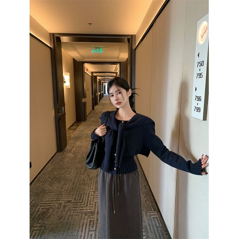 Plain Long Sleeve Cardigan & Shawl Set