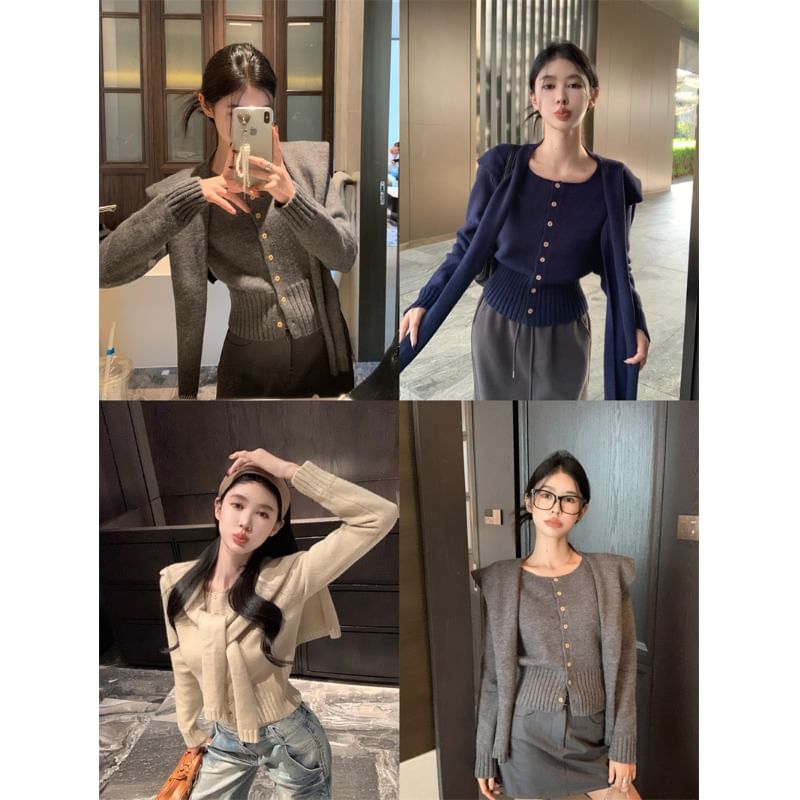 Plain Long Sleeve Cardigan & Shawl Set