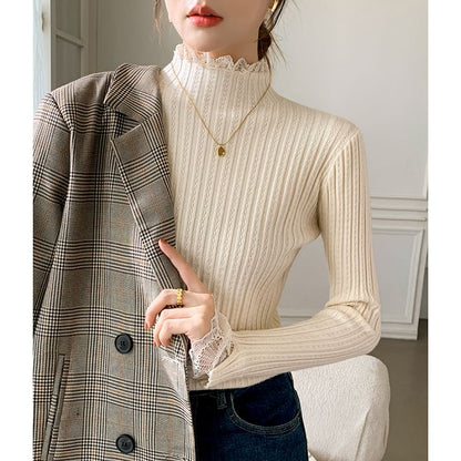 Elongated Sleeve Mock Collar Sheer Panel Snug Pullover