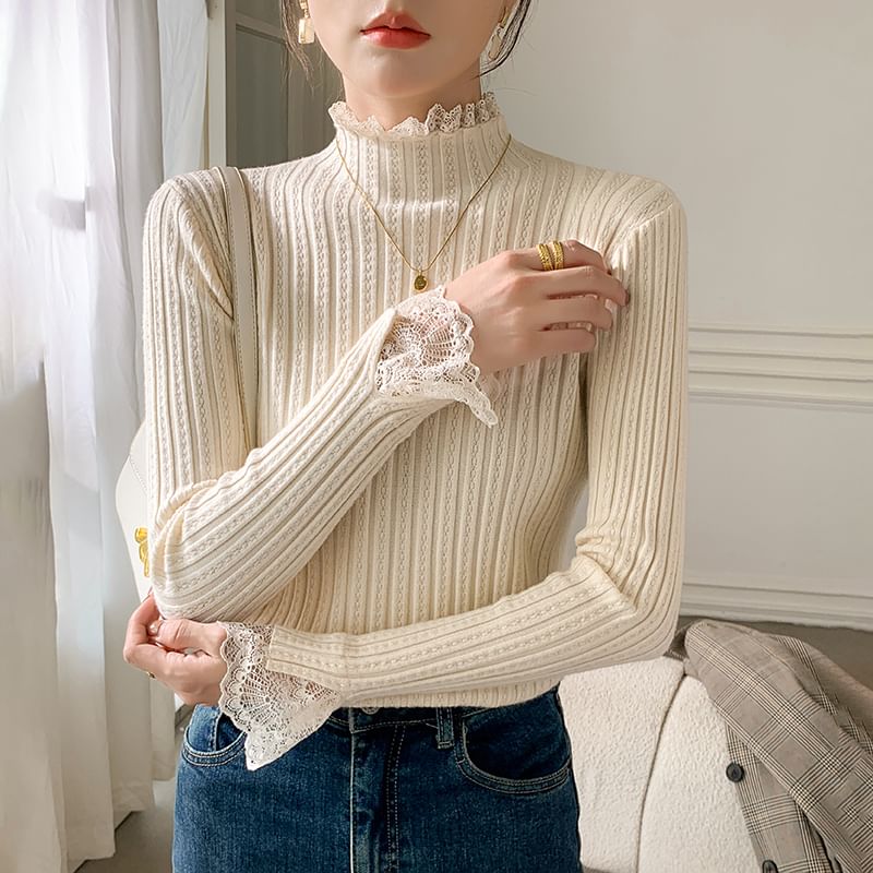 Elongated Sleeve Mock Collar Sheer Panel Snug Pullover