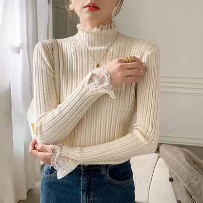 Elongated Sleeve Mock Collar Sheer Panel Snug Pullover