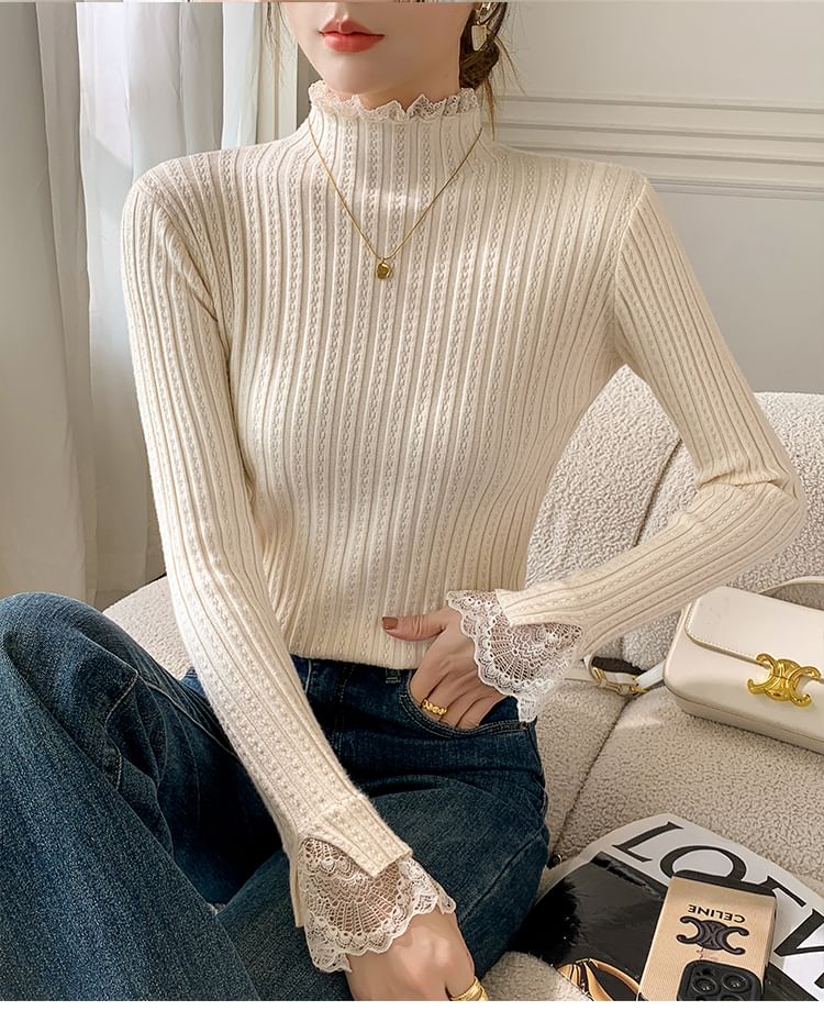 Elongated Sleeve Mock Collar Sheer Panel Snug Pullover