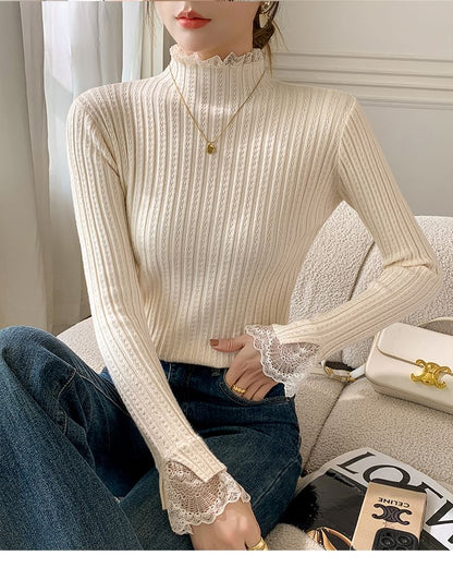 Elongated Sleeve Mock Collar Sheer Panel Snug Pullover