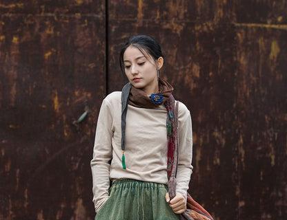 Plain Ramie Maxi Skirt with Drawstring Waist