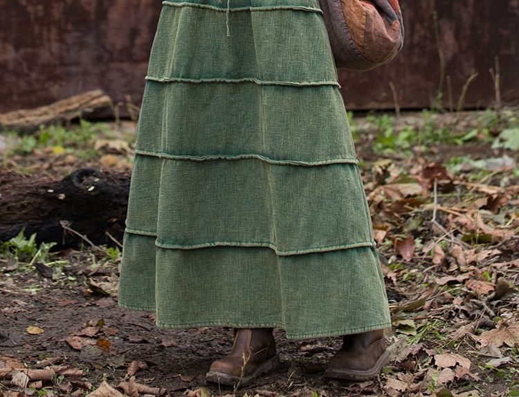 Plain Ramie Maxi Skirt with Drawstring Waist
