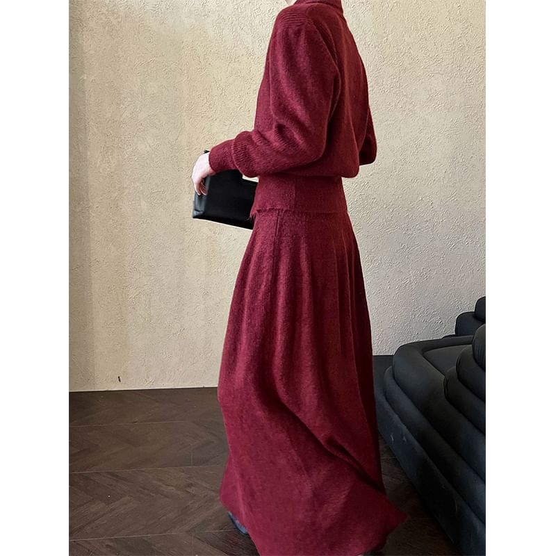 Ribbed Cardigan and Knit Maxi Skirt Set with Stand Collar