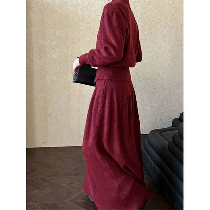 Ribbed Cardigan and Knit Maxi Skirt Set with Stand Collar
