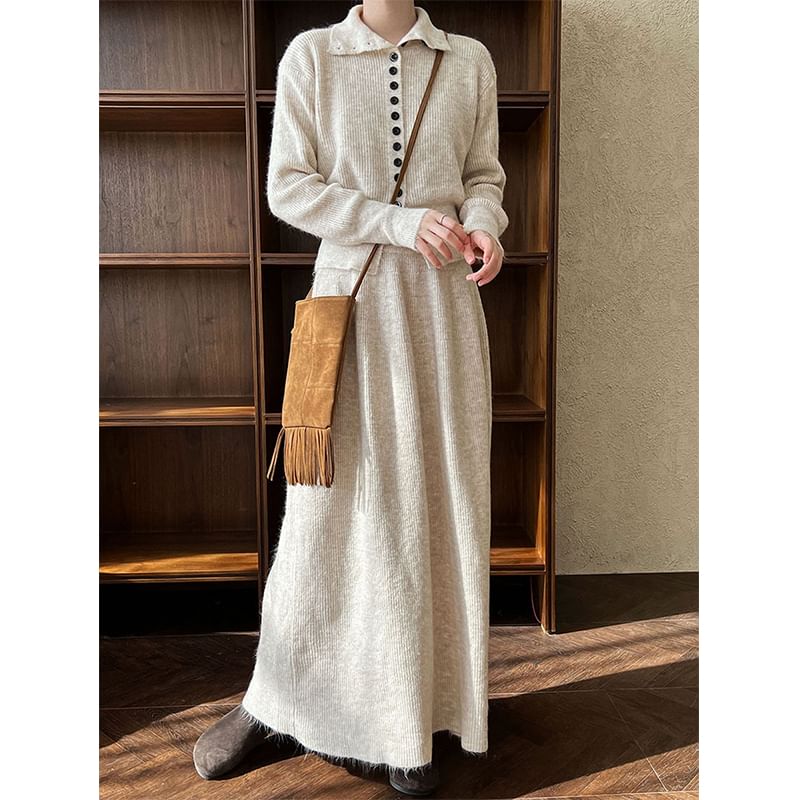 Ribbed Cardigan and Knit Maxi Skirt Set with Stand Collar