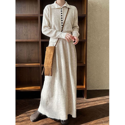 Ribbed Cardigan and Knit Maxi Skirt Set with Stand Collar